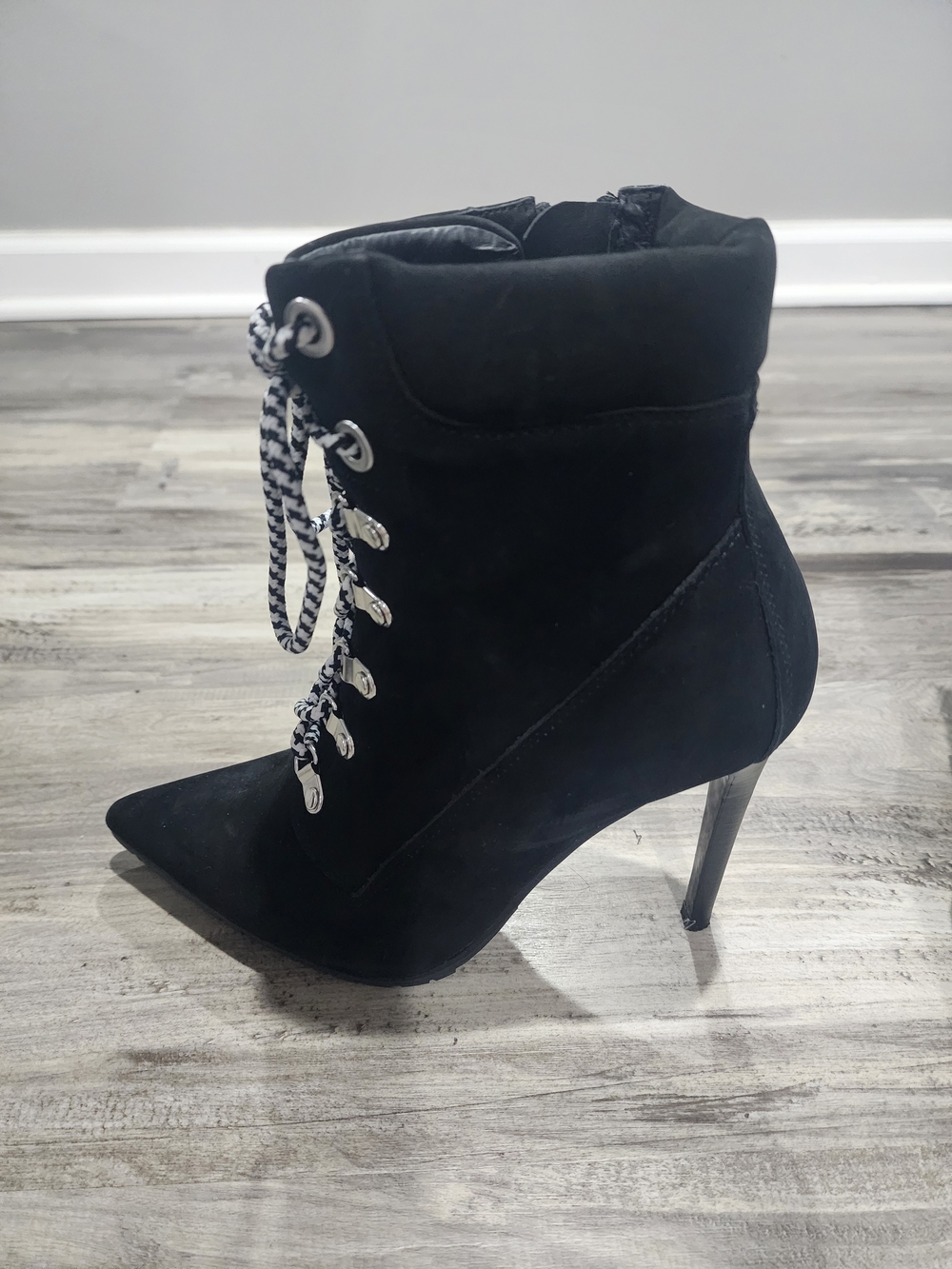 Steve Madden Black Suede Lace-Up Pointed Toe Ankle Bootie